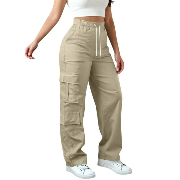 ABATAB Cargo Pants for Women High Waist Wide Leg Sweatpants with Pockets Loose Fit Drawstring Casual Outdoor Running Athletic Pants(X-Large,Khaki 1)