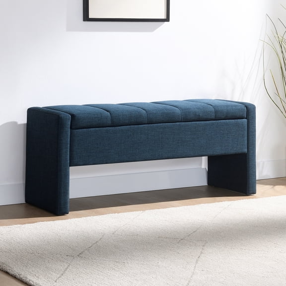 QianYueLUX 47.25'' Ottoman with Storage, End of Bed Storage Bench, Entryway Bench - Linen Upholstered Multi-Functional Footrest for Bedroom, Living Room, Dorm & Window Bench (Blue)