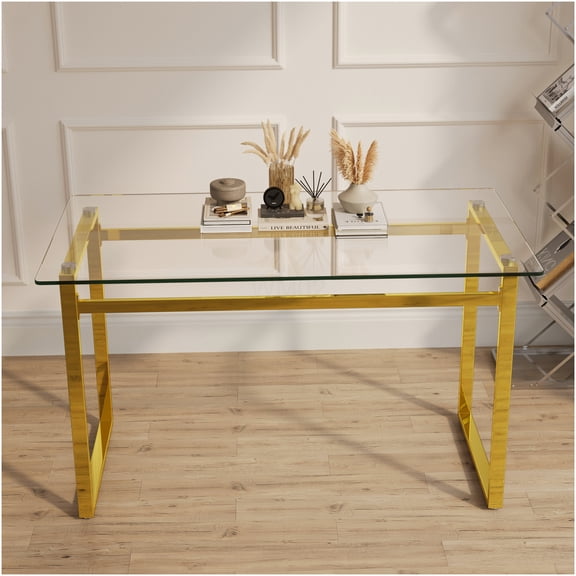 51 Inch Modern Glass Dining Table with Gold Chrome Legs, Rectangular Kitchen Table for 4-6 Seater, Minimalist Design for Dining Room Living Room