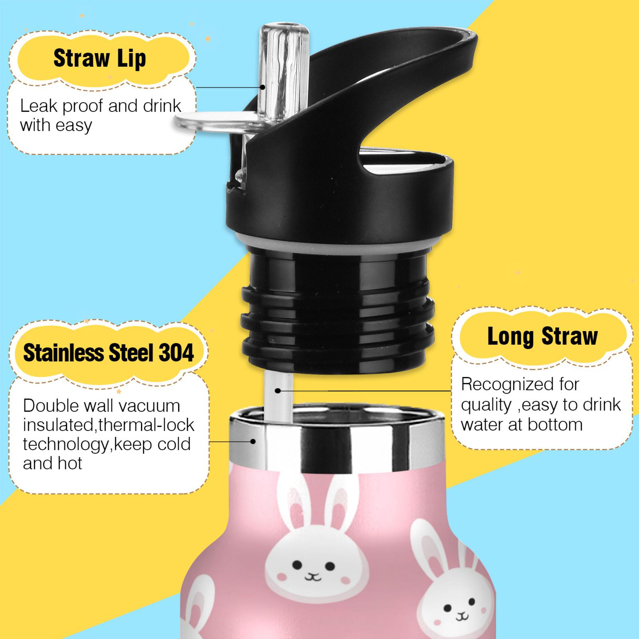 600ML Stainless Steel Insulated Cup Sports Water Bottle Portable Thermos Cup Water Glasses Insulated Tumblers Convenient and Durable White Rabbits