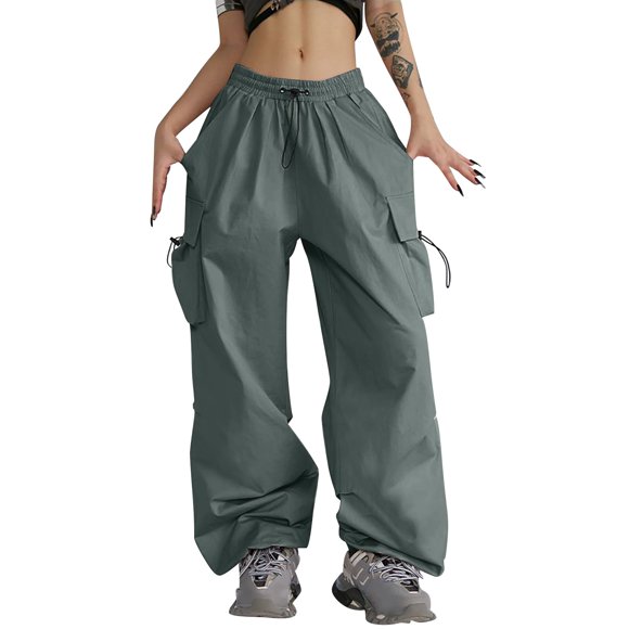 Grey Cargo Pants Women Parachute Pants With 4 Pockets High Rise Elastic Waistband Cargo Pants Streetwear Leggings With Pockets for Women Size 2XL