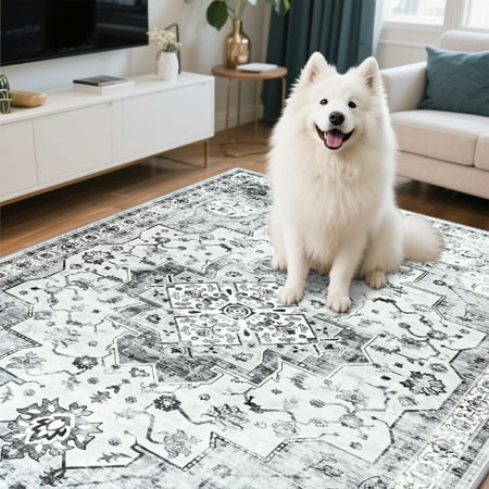 Balacho Flame Resistant Gray Boho Floral Area Rug Living Room Carpet, 4' x 6'