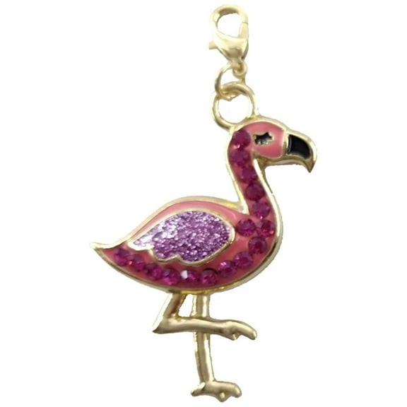 Sparkly Pink Flamingo Pendant Charm in Gold