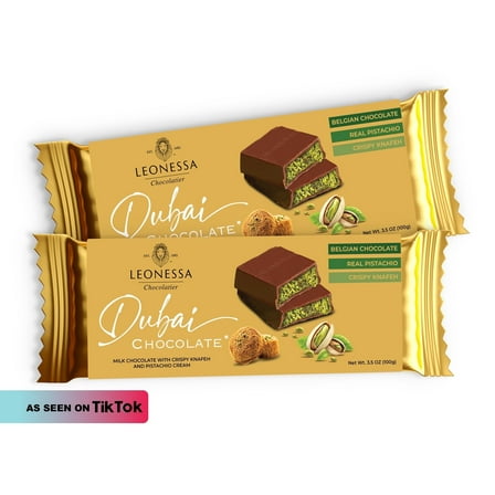 Leonessa Dubai Chocolate Bar with Pistachio Kunafa, Made with Belgian Chocolates, 3.5 oz 2-Pack