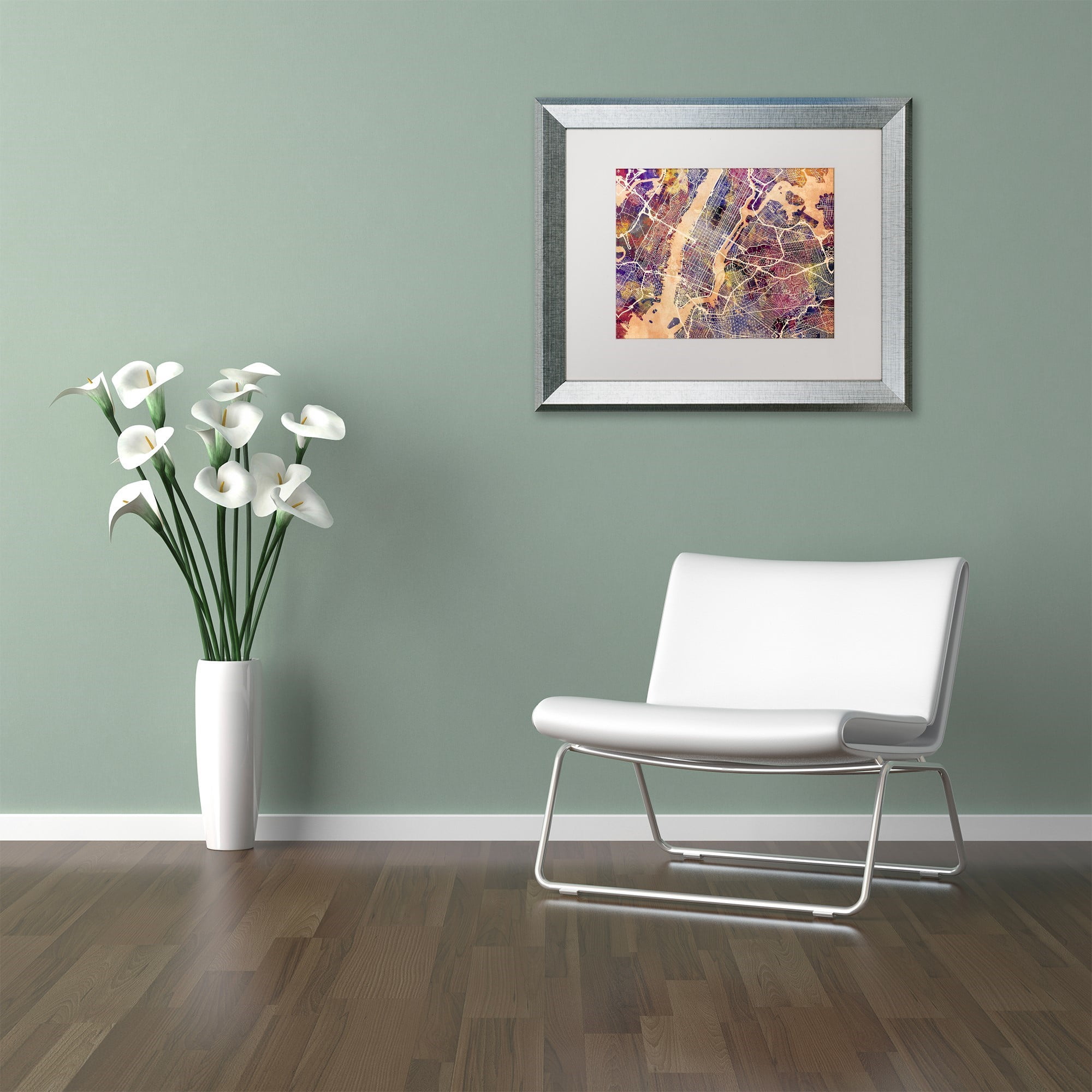 Trademark Fine Art "New York City Street Map" Canvas Art by Michael Tompsett, White Matte, Silver Frame