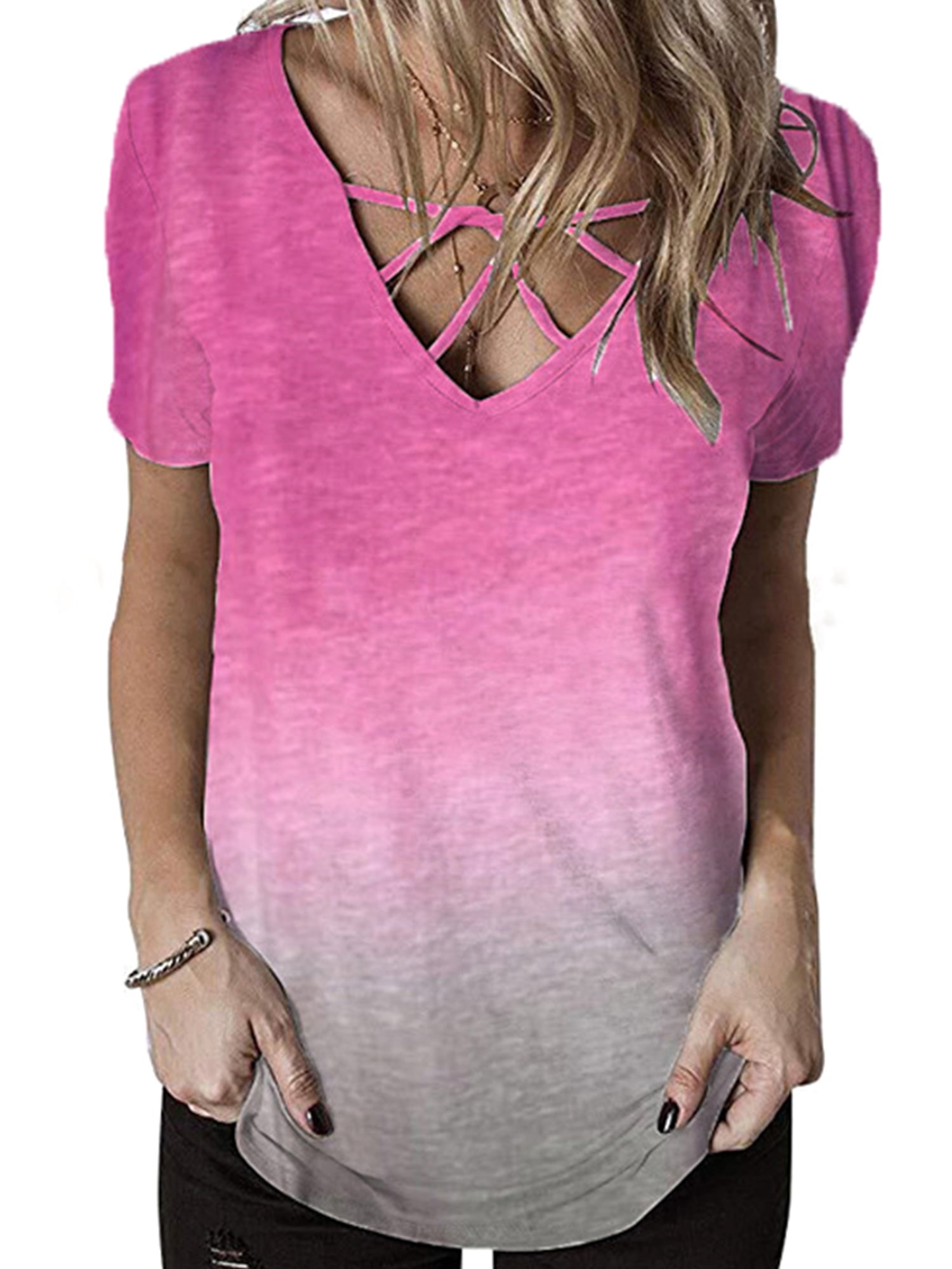Lallc - Women V-neck Tie Dye Gradient Short Sleeve T Shirt Summer Tunic ...