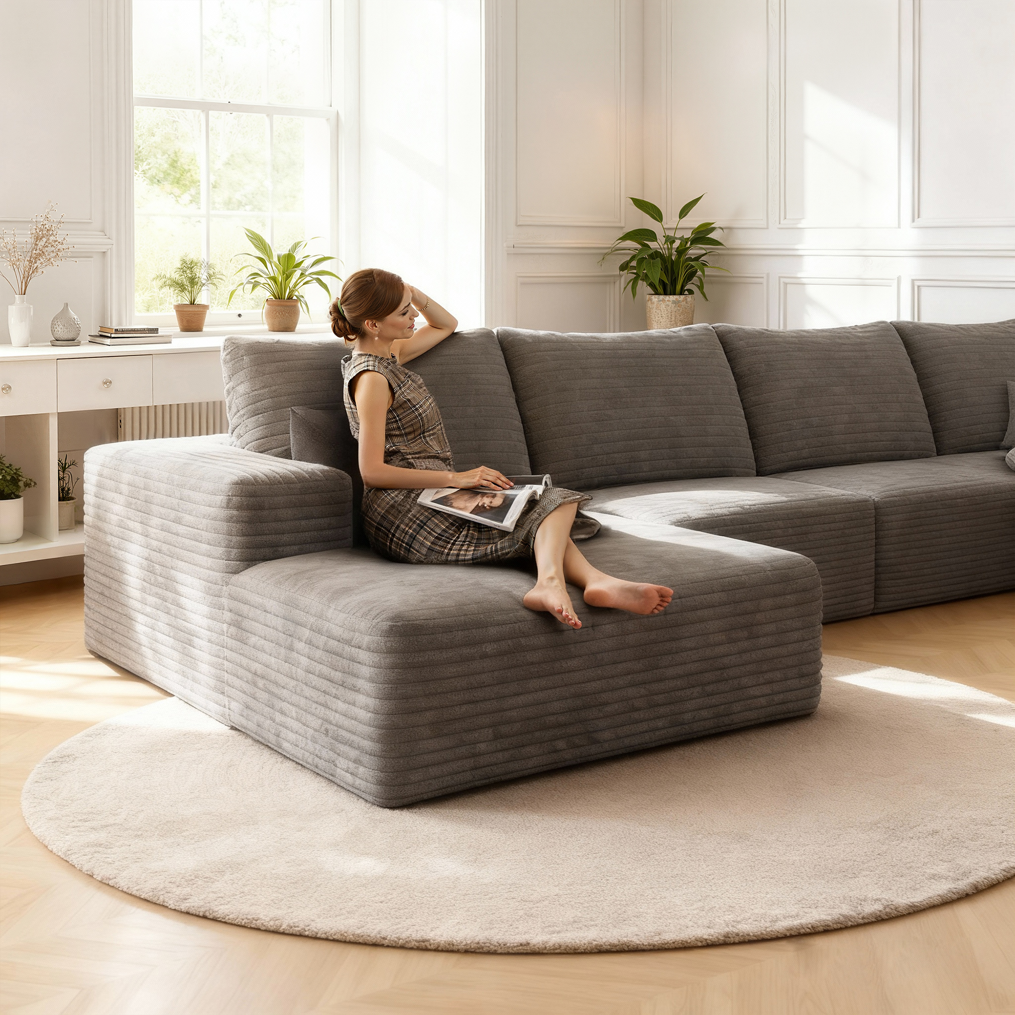 MAYEERTY 135" Cloud Sectional Couch with L-Shape Chaise, Modern Modular Deep Seat Sofa, No Assembly Plush Corduroy Fabric, Gray (3 packages)