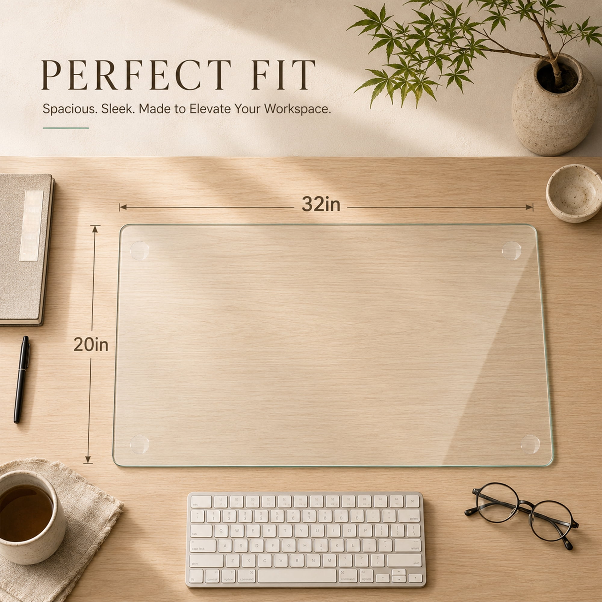 20 x 32 Inch Clear Tempered Glass Table Mat, Anti-Slip Desk Protector, Scratch & Heat Resistant, Polished Edge, Multi-Purpose Glass Pad for Home Office