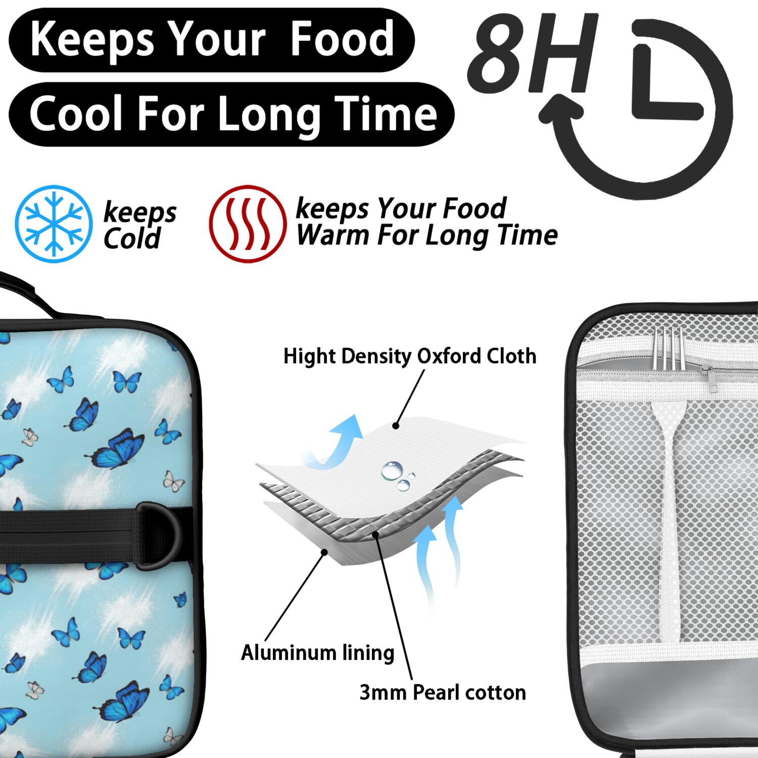 Lightblue Butterfly Sparkle Pattern Bento School Insulated Lunch Bag Box with Shoulder Strap and Bottle Holder, 11" X 9.5" X 3.5"
