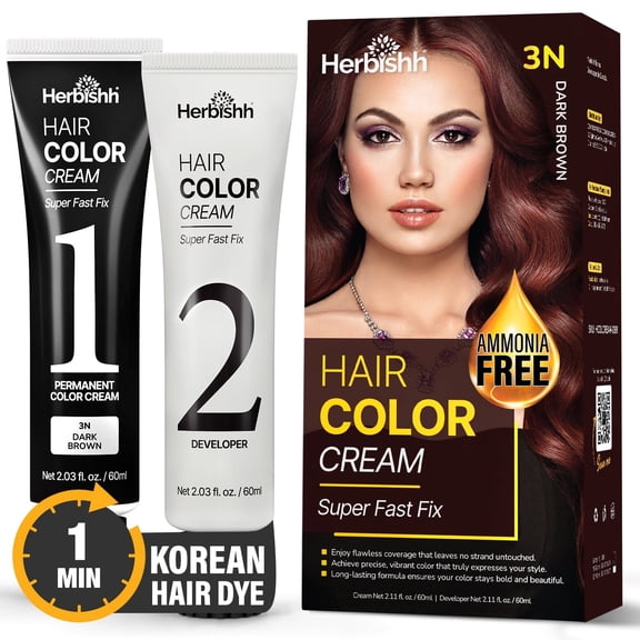 Herbishh Rapid Infusion Hair Color Cream – 3N Dark Brown Hair Dye Permanent One Minute with Comb Applicator, Hair Color for Gray Hair Coverage, Ammonia-Free, Patented Korean Technology, 2.03 fl. Oz