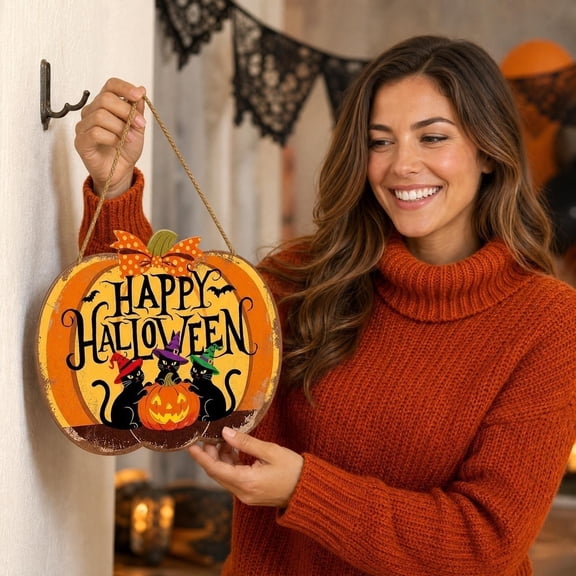 Wooden Sign Jack-O'-Lantern Pumpkin Door Hanger Halloween Decor ...