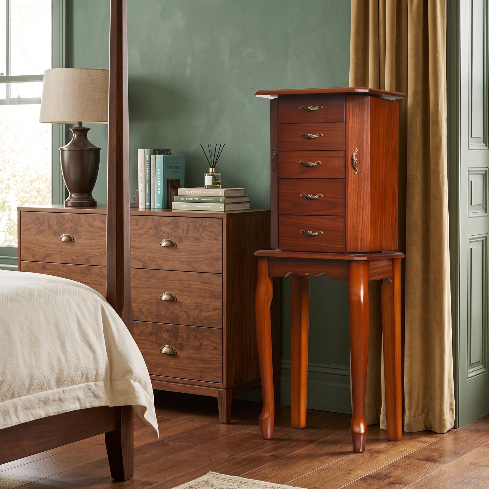 Furnibear Large Storage Capacity Freestanding Jewelry Cabinet with 5 Drawers, 2 Doors, and Top Lid Mirror for Bedroom, Walnut