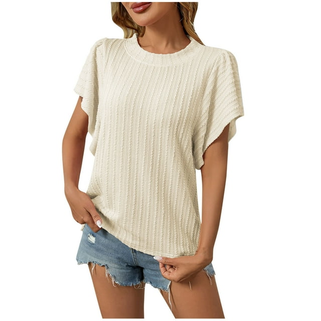 Pisexur Hauts pour Femmes Col Rond Texturé Blouses Mignonnes pour Femmes Manches Courtes Multicolores Tenue Décontractée, Hauts d'Été