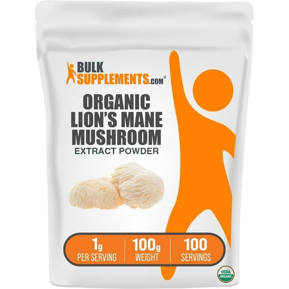 BulkSupplements Organic Lion's Mane Mushroom Extract Powder - Lions Mane Supplement, Vegan & Mushroom Supplement, 1g per Serving, 100g (3.5 oz)