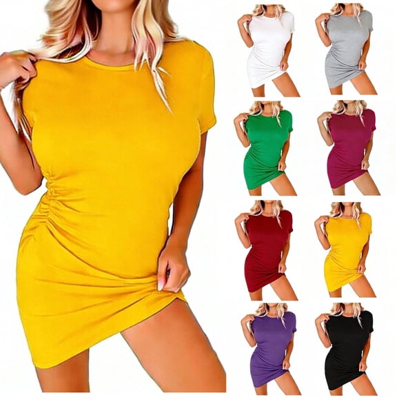 TAGOLD Womens Short Sleeve Round Neck Ankle Dress Elastic Ruched Waist Short Sleeve Dress