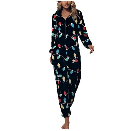 

Women s Christmas Hooded Pajamas One-sies Fashion Xmas Light String Printed Jumpsuit Homewear Winter Thickened Plush Sleepwear