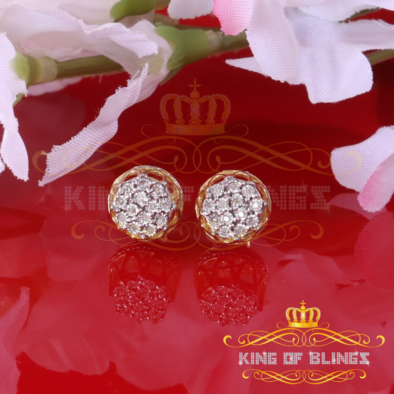 King of Bling's 0.07ct Diamond 925 Sterling Yellow Silver For Men's & Womens Stud Round Earring