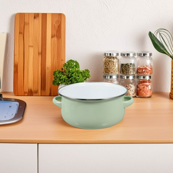 WEUVEB Green Enamel Stockpot with Lid, High-Temperature Cooking Sauce Pot for Small Families, and Easy to Clean