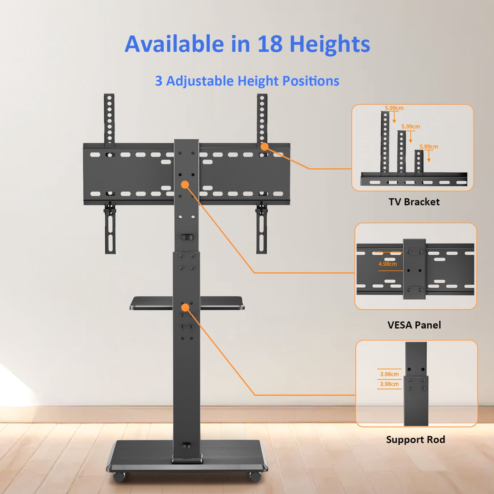 Rolling TV Stand, Mobile TV Cart for 32-75 Inch TVs up to 110 lbs, 18 Adjustable Heights, TV Floor Stand with Swivel Mount & Shelf, Max VESA 600x400mm