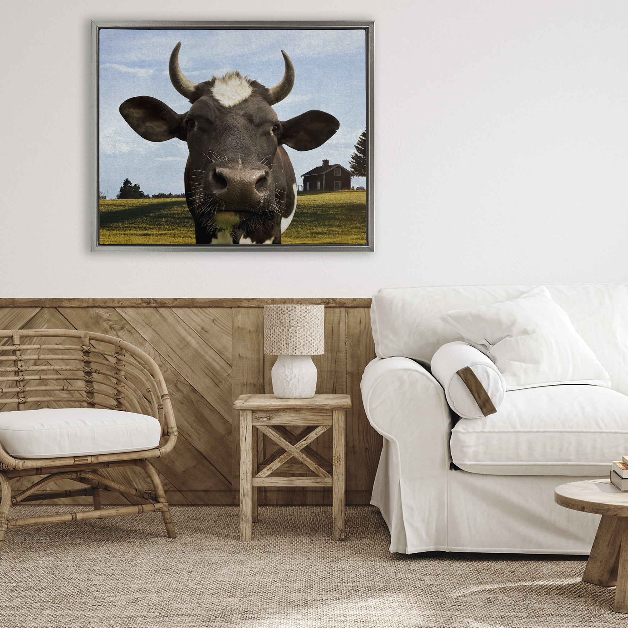 Stupell Industries Farm Cow with Curved Horns Gray Framed Floater Canvas Wall Art, design by Marcus Prime