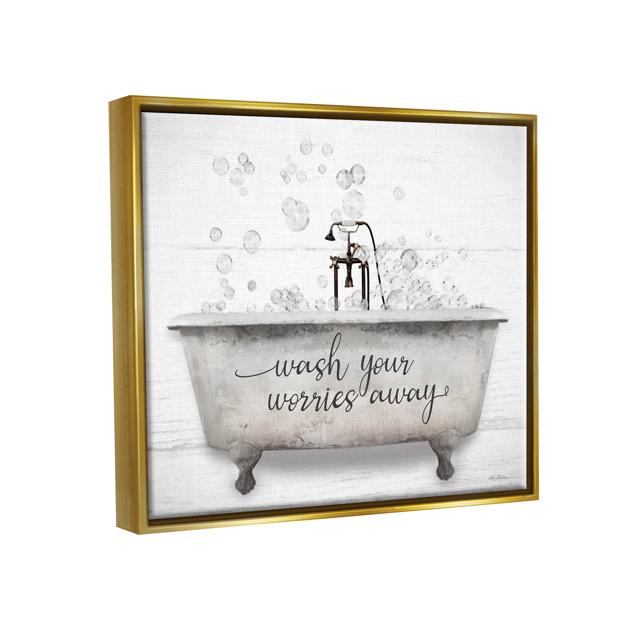 Stupell Wash Your Worries Away Tub Bubbles Typography Painting Gold Floater Framed Art Print Wall Art
