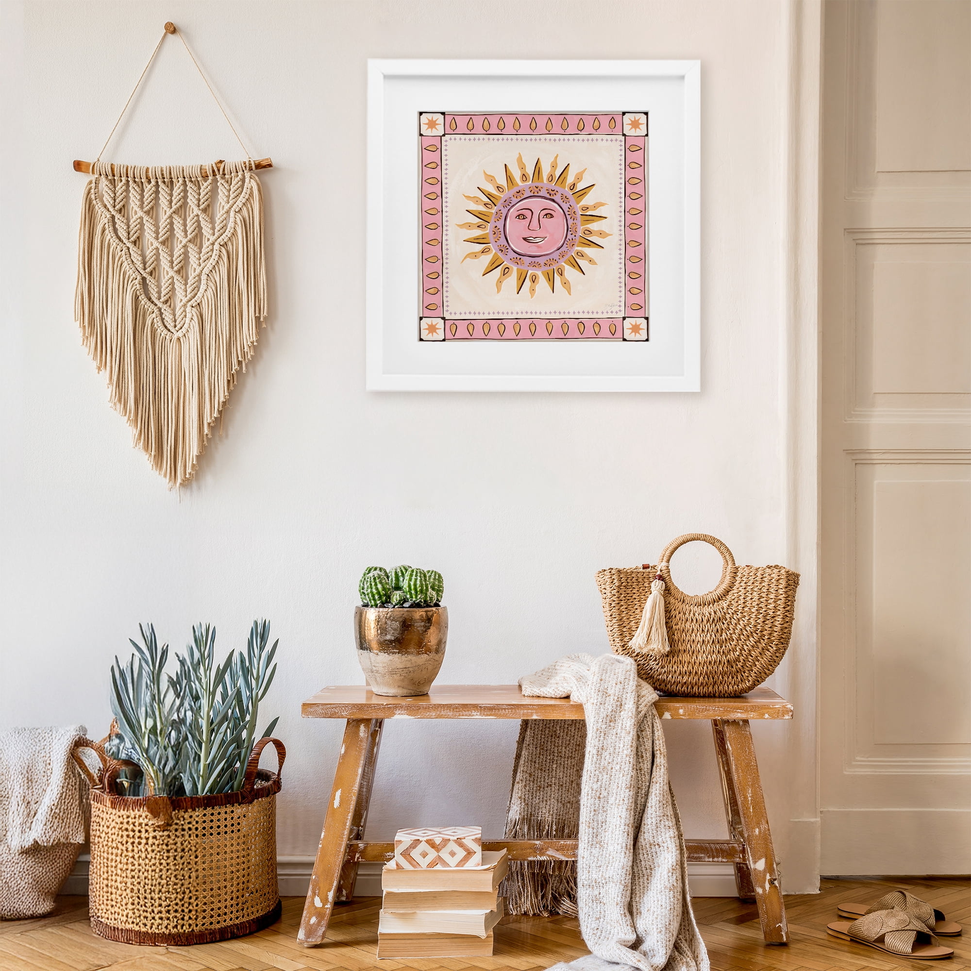 Stupell Industries Smiling Sun with Pink Border White Framed Print Under Glass, design by Two If By Sea Studios