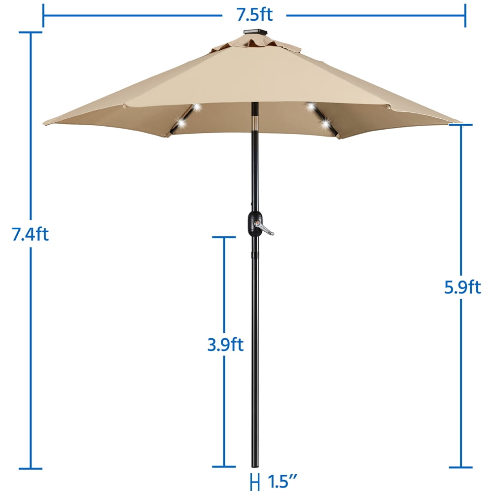 Alden Design 7.5FT LED Patio Umbrella with 6 Ribs & 18 LED Solar Lights + Patio Umbrella Base,Tan