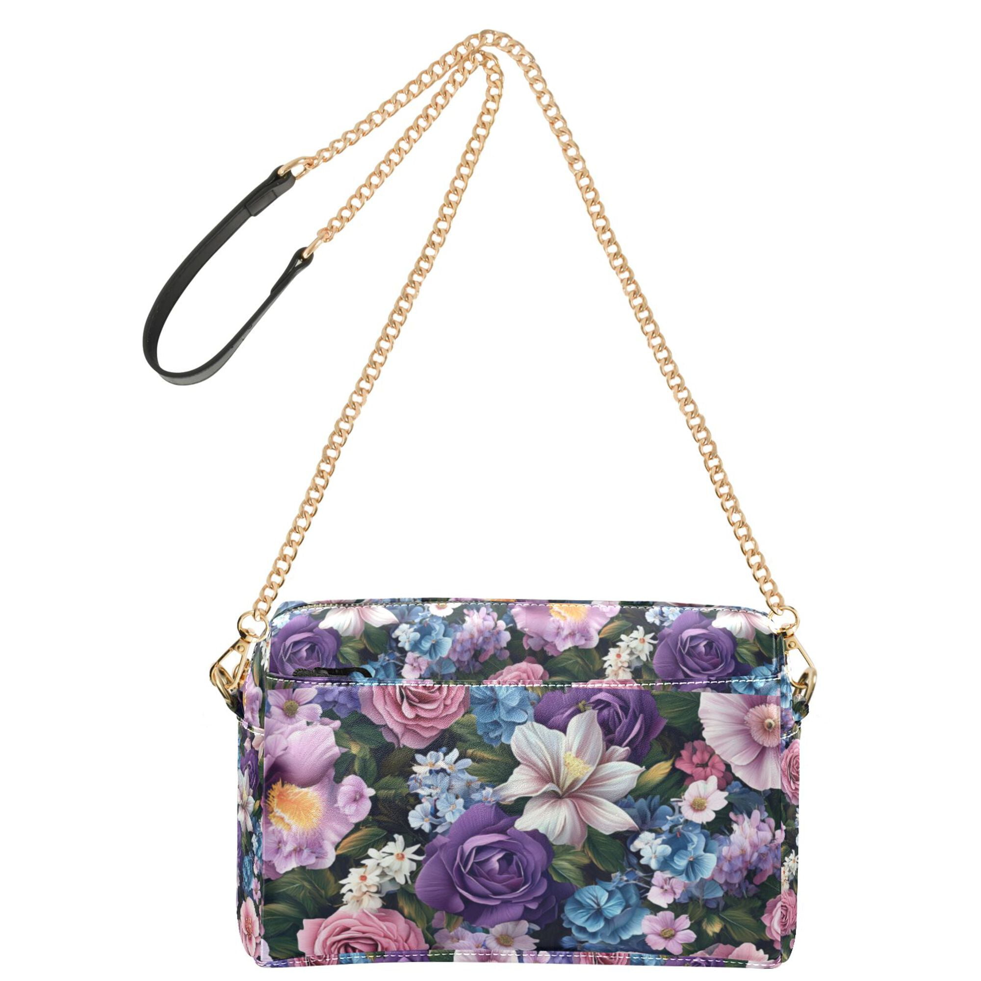 FORMRS Women Crossbody Purse with Chain Strap Vegan Leather Shoulder Handbag, Pink and Purple Flowers