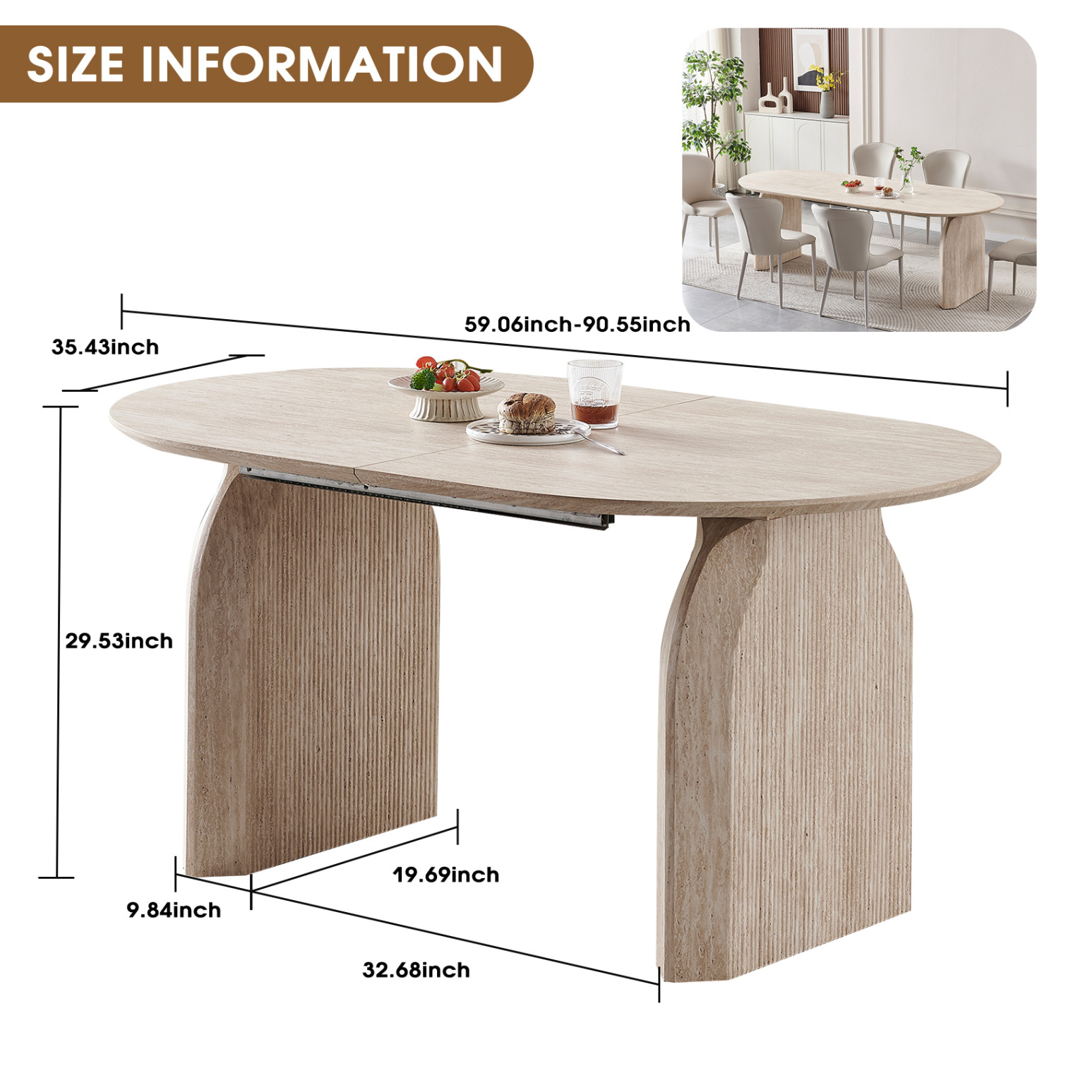 59"-90" Extendable Dining Table for 4-8 People, Modern Oval Kitchen Table with Dual Pillar Design, Space Saving Extendable Meeting Table for Small Spaces, Natural