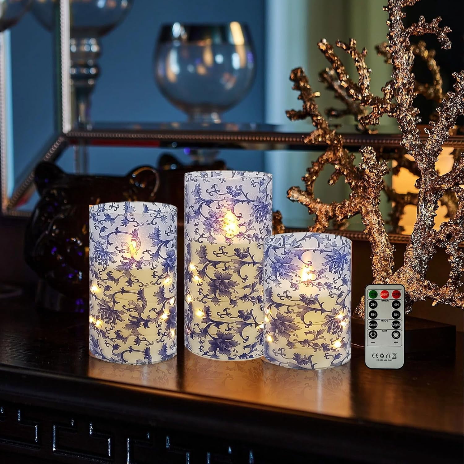 XINAOBAOLUO Blue & White Floral Flickering Flameless Candles, Recessed String Light LED Candles with Remote and Timer for Home Decor Set of 3