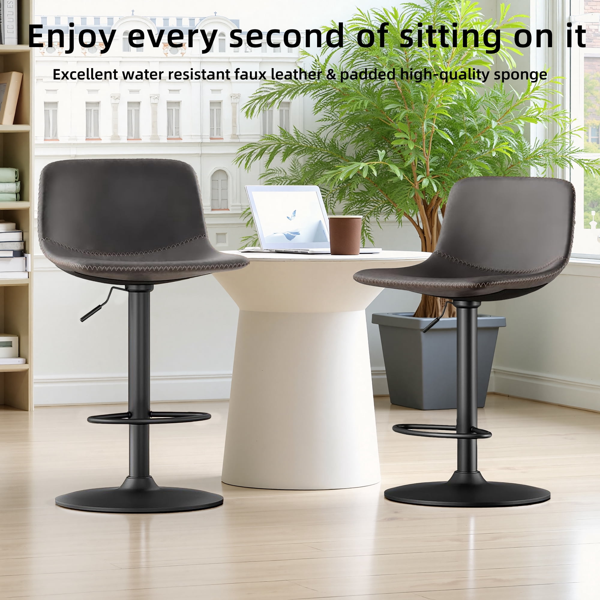 MAYEERTY 2-Set Gray Modern Swivel Bar Stools with Back Support for Kitchen Island, Adjustable Height
