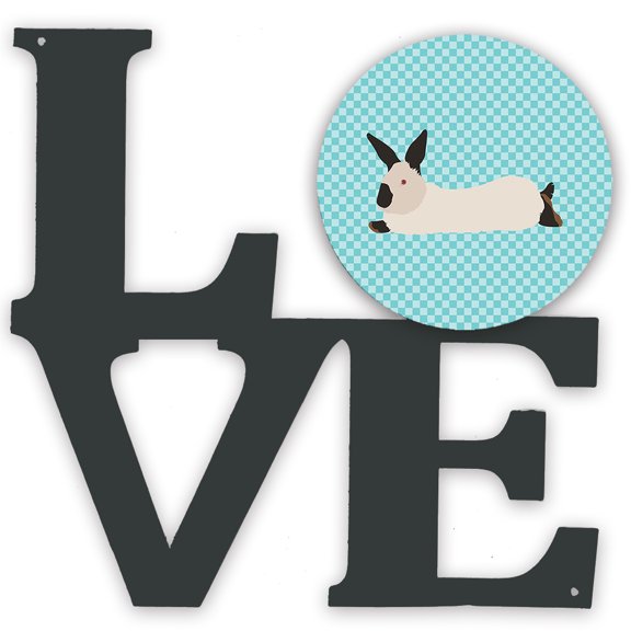 California White Rabbit Blue Check Metal Wall Artwork LOVE