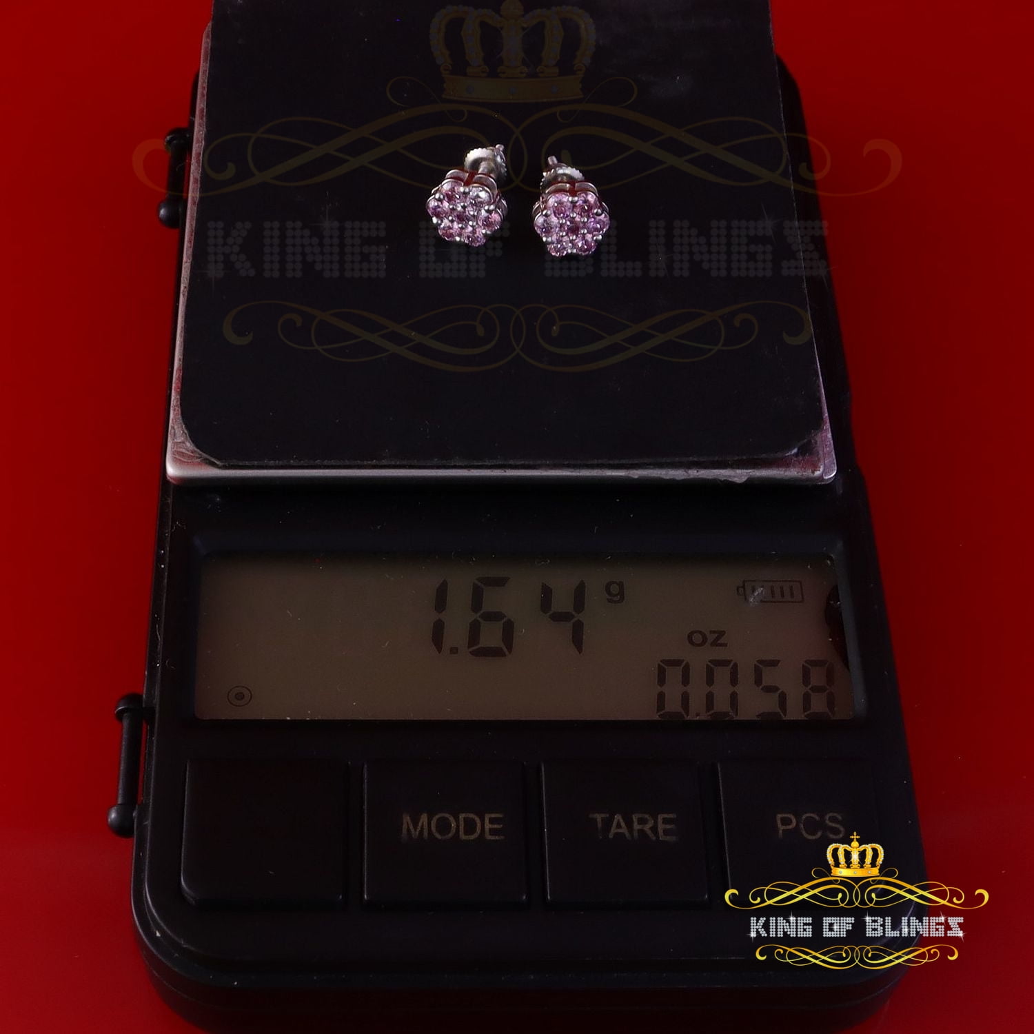 King of Bling's 925 Silver White 1.00ct VVS 'D' Pink Moissanite Floral Mens/Womens Stud Earrings