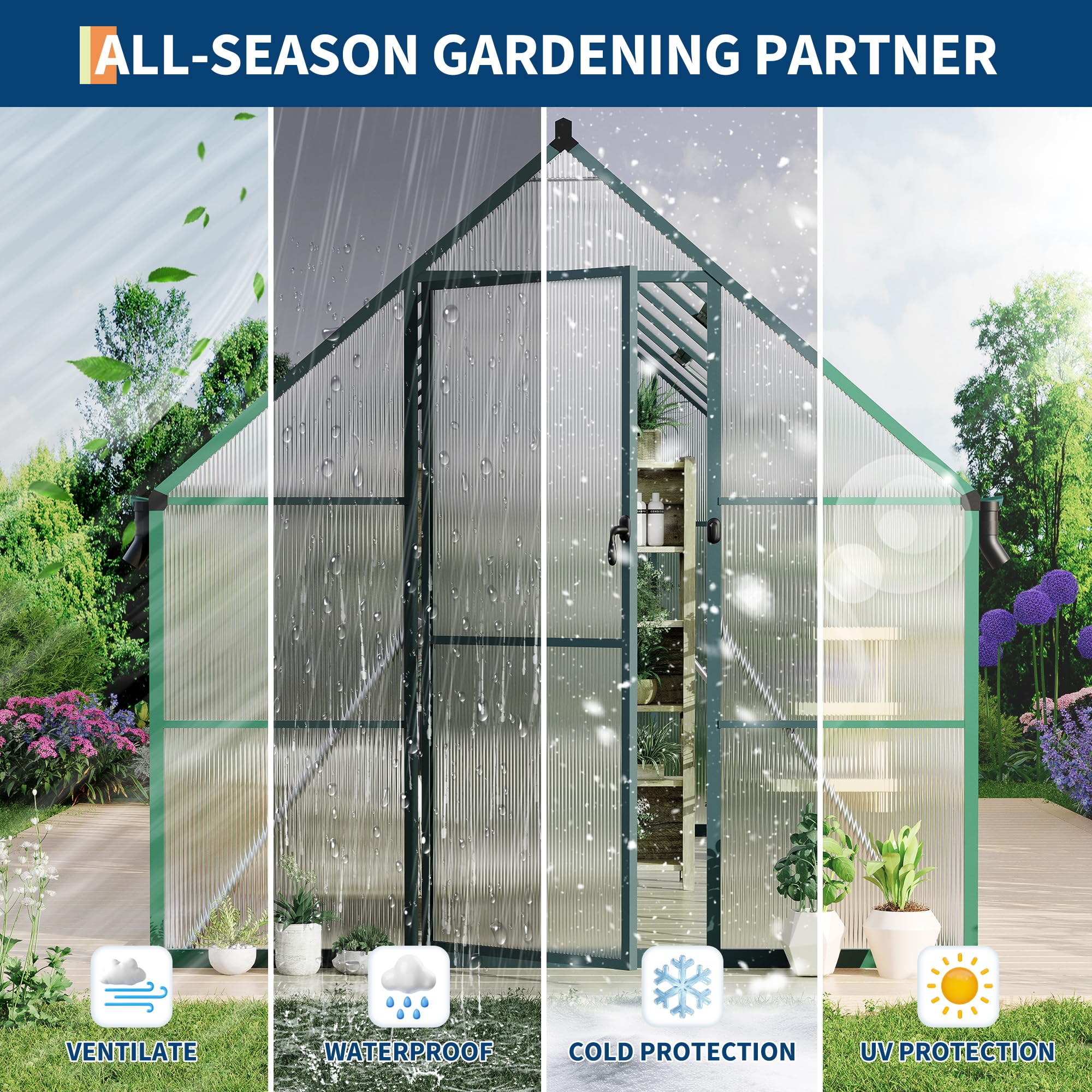 8 ft x 14 ft Aluminum PC Board Sun Room Outdoor Garden Greenhouse, Polycarbonate Board, Aluminum Frame, Weather Resistant Sunroom Enclosure, Green