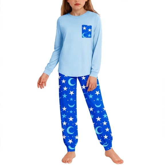 AINIYS Round Neck Pocket Star Moon Print Jogger Pants Pajama Set Girls Round Neck Pullover Cute Dreamy Sleepwear Outfit Blue 5 Years