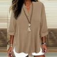 thumbnail image 2 of HomeDM Women's 3/4 Sleeve V-Neck T Shirts, Summer Solid Color Loose Fit Button Down Side Split Pullover Tops - Khaki/L, 2 of 6