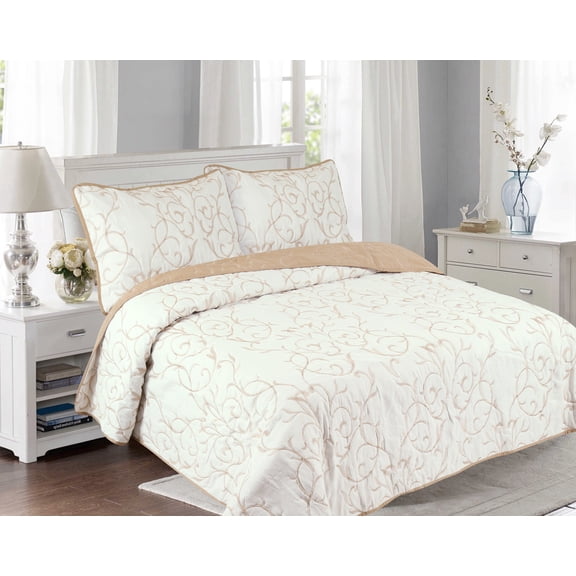 Couvre-lit Marina Decoration brodée, ensemble de literie d'été ultra doux et uni avec taie d'oreiller matelassée, motif de branches dorées