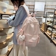 thumbnail image 3 of Plaid Stripe School Backpack, Waterproof Laptop Backpack with Pendant, Nylon Lightweight Bag for Travel Work College, Pink, 3 of 7