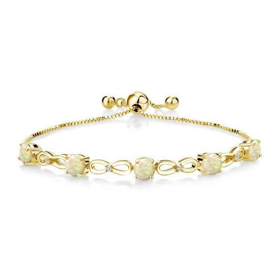 Gem Stone King 1.54 Ct Round Cabochon White Ethiopian Opal E-F Lab Grown Diamond 18K Yellow Gold Plated Silver Women Infinity Adjustable Tennis Bracelet