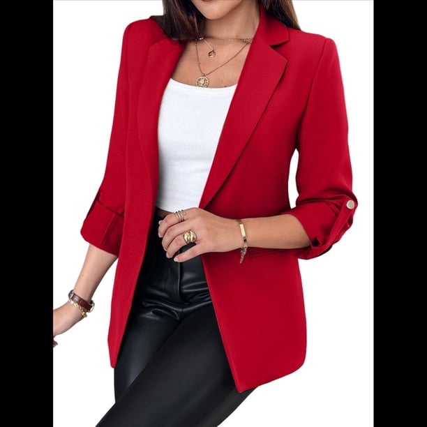 Blazer de Larga para Mujer, Informal, de Negocios, con Abertura Frontal, para Trabajo y Oficina. Rojo L