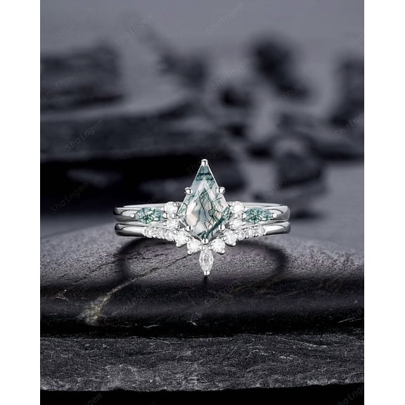 Kite Shape Moss Agate Engagement Ring Set, White Gold Sterling Silver 925 Green Moss Agate Promise Anniversary Ring Gift for Women