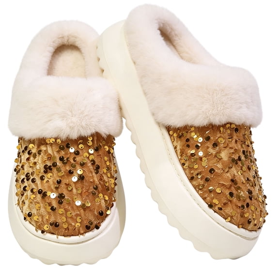 CHICVOMEY Women's Fuzzy Sequin Slippers Sparkly Non-slip Memory Foam Ladies House Shoes Indoor Outdoor Comfy Warm Slippers