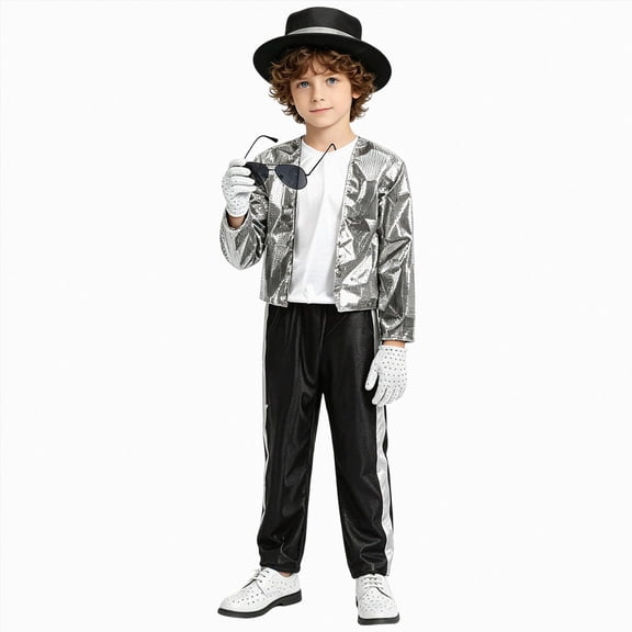 Kakishop Popstar Costume for Kids, 80s Disco Outfits for Boys, Retro Costume Boys, 80s Party Wear, Halloween Costumes for Kids (Silver,6-8 Years)