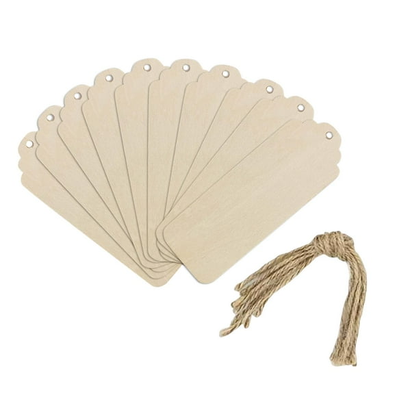 10 piezas de marcadores de madera sin terminar con cuerdas, piezas de madera, etiquetas de madera en blanco para 12cmx3cm