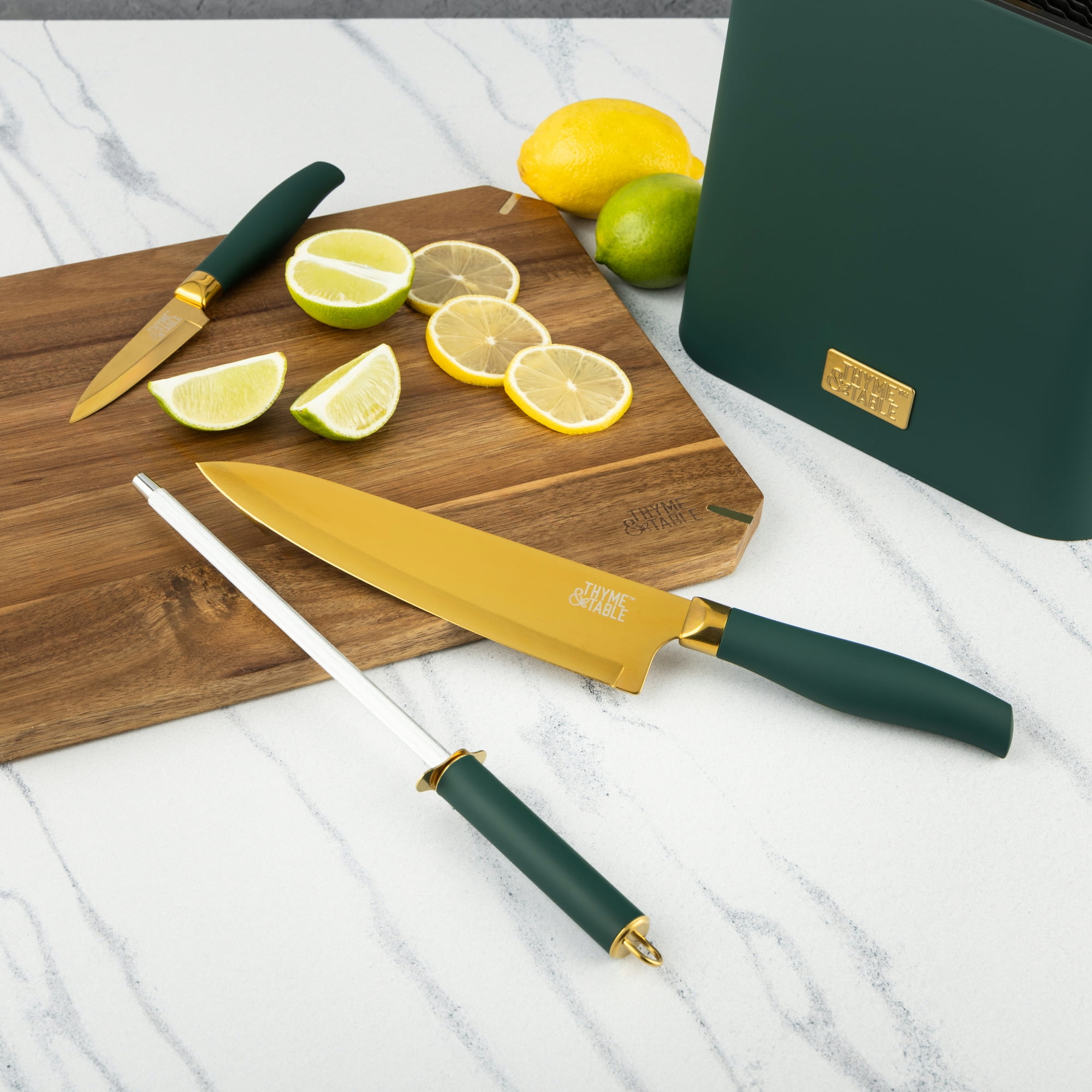 Thyme & Table 7-Piece Slim Block Knife Set - Green & Gold
