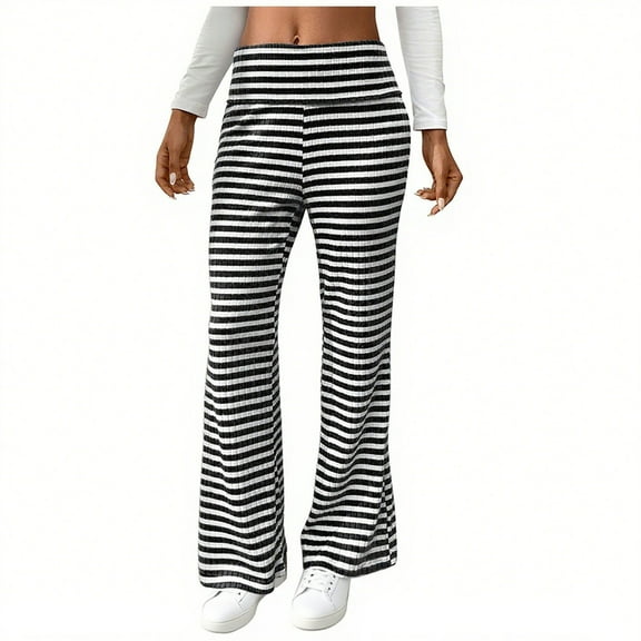 Women's Striped Flared Ribbed Knit Pants Low Waist Wide Leg Trousers Elastic Waist Casual Loungewear Trousers