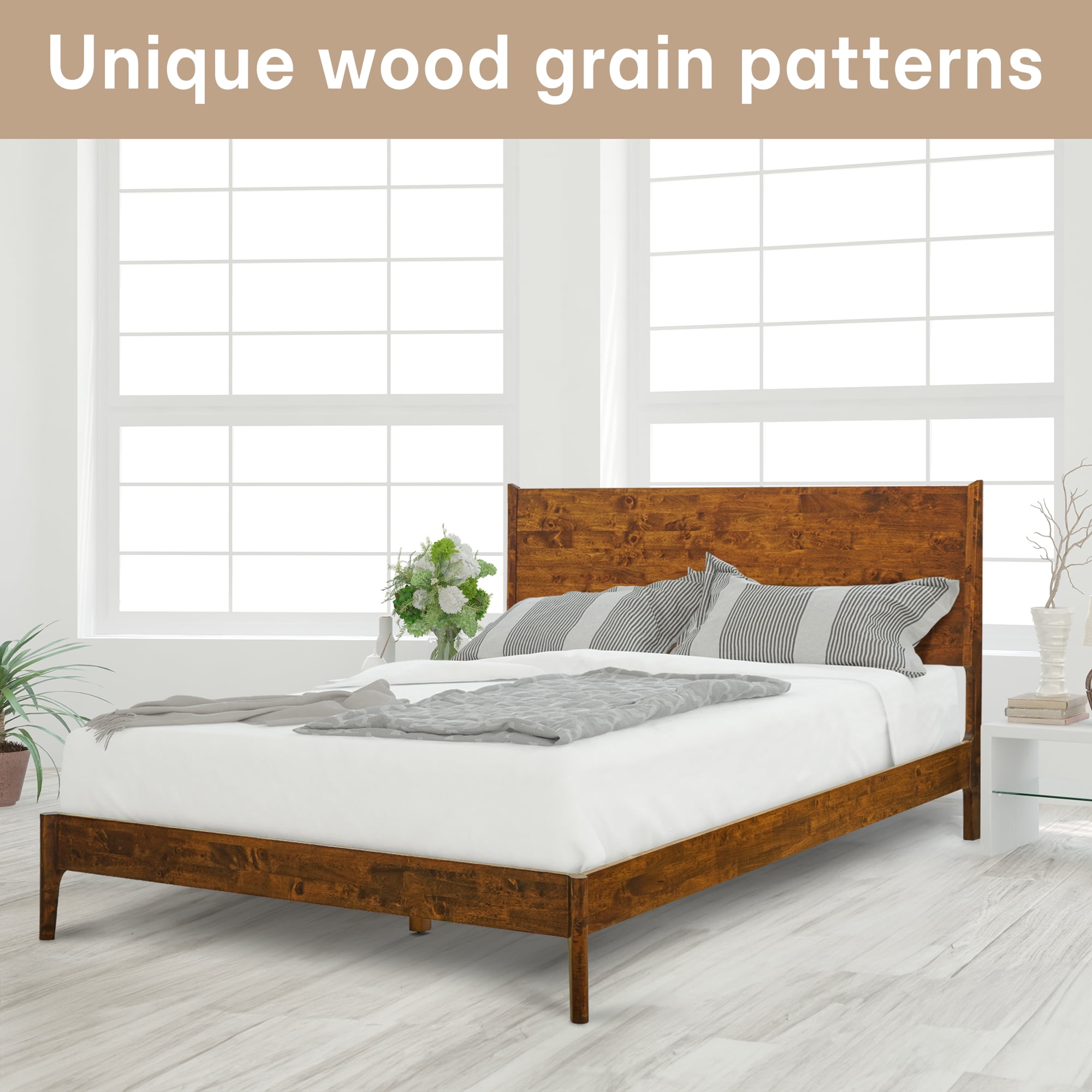 Acacia Haven King Size Bed Frame and Headboard Solid Wood Platform Bed, King Bed Frame 800 lbs Capacity, Scandinavian Signature Wood Bed Compatible with All Mattresses, Walnut