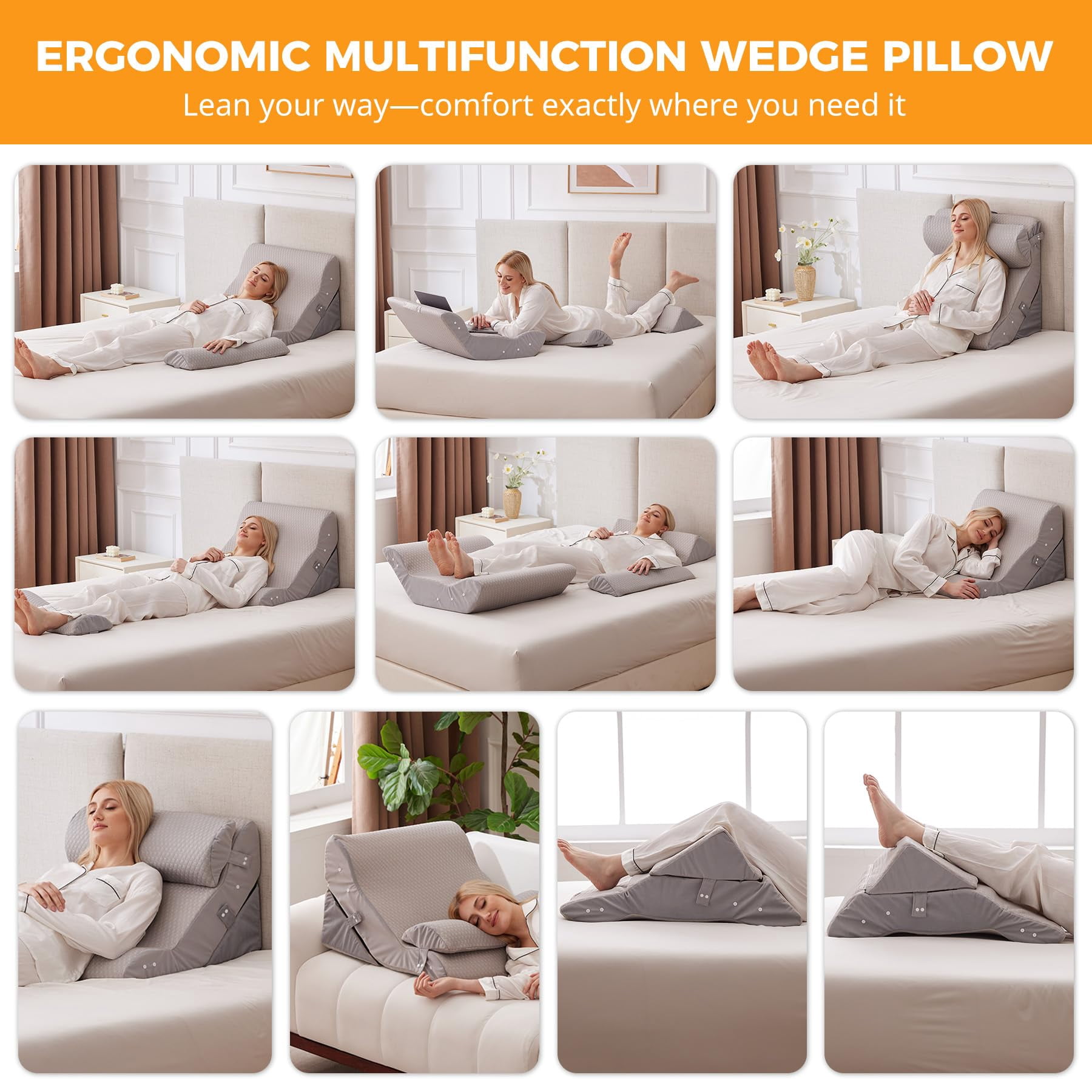 3pcs Wedge Pillow Set For After  Adjustable Bed Sitting Up Acid Reflux Headboard Sleeping & Grey