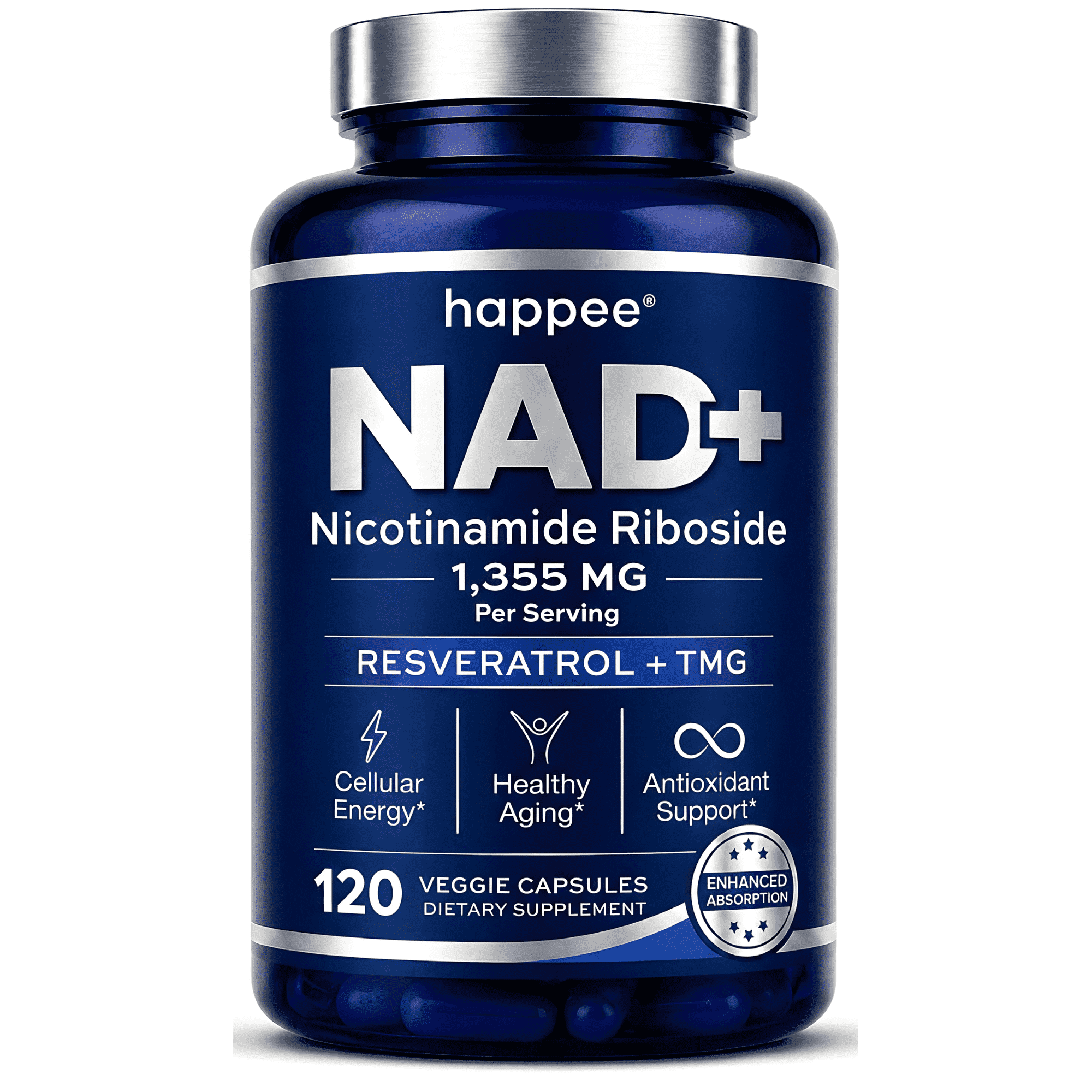 Happee NAD Plus Supplement 1355mg NAD+ Nicotinamide Riboside NR Healthy Aging 120 Ct.