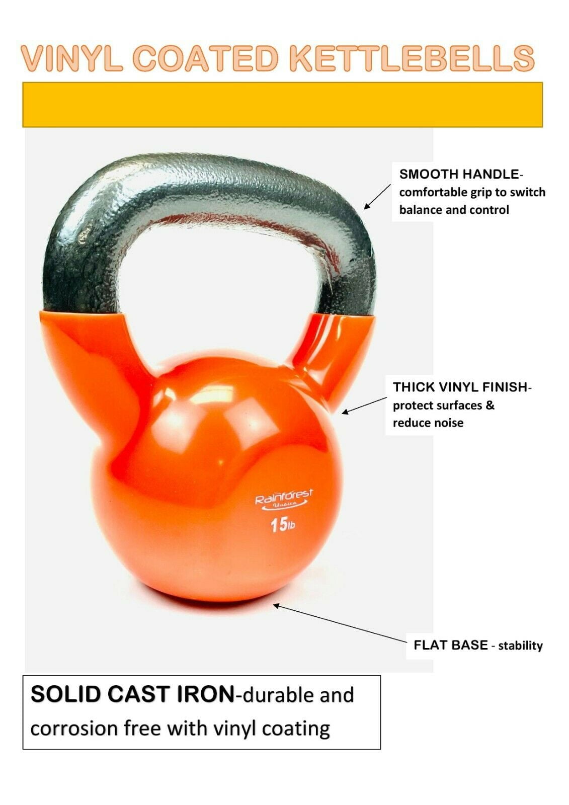 Rainforest Basics Vinyl Coated Cast Iron Kettlebell Weight -15 LB